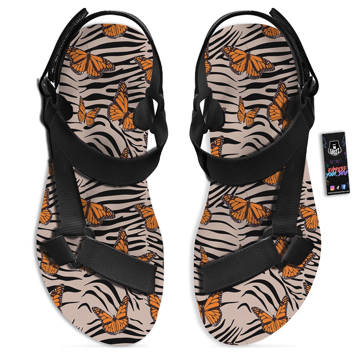 Butterfly Tiger Monarch Print Pattern Black Open Toe Sandals-grizzshop