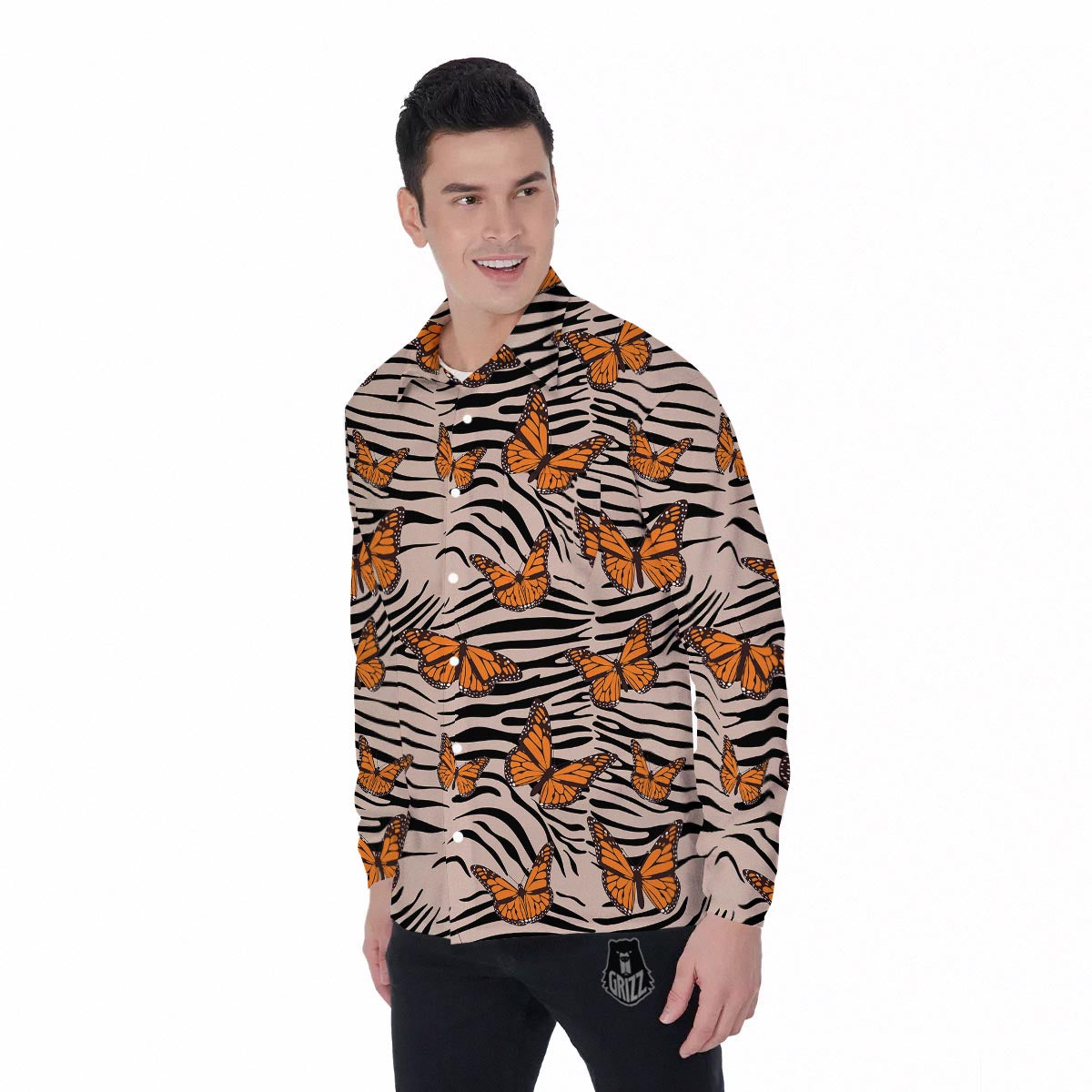Butterfly Tiger Monarch Print Pattern Men's Long Sleeve Shirts-grizzshop