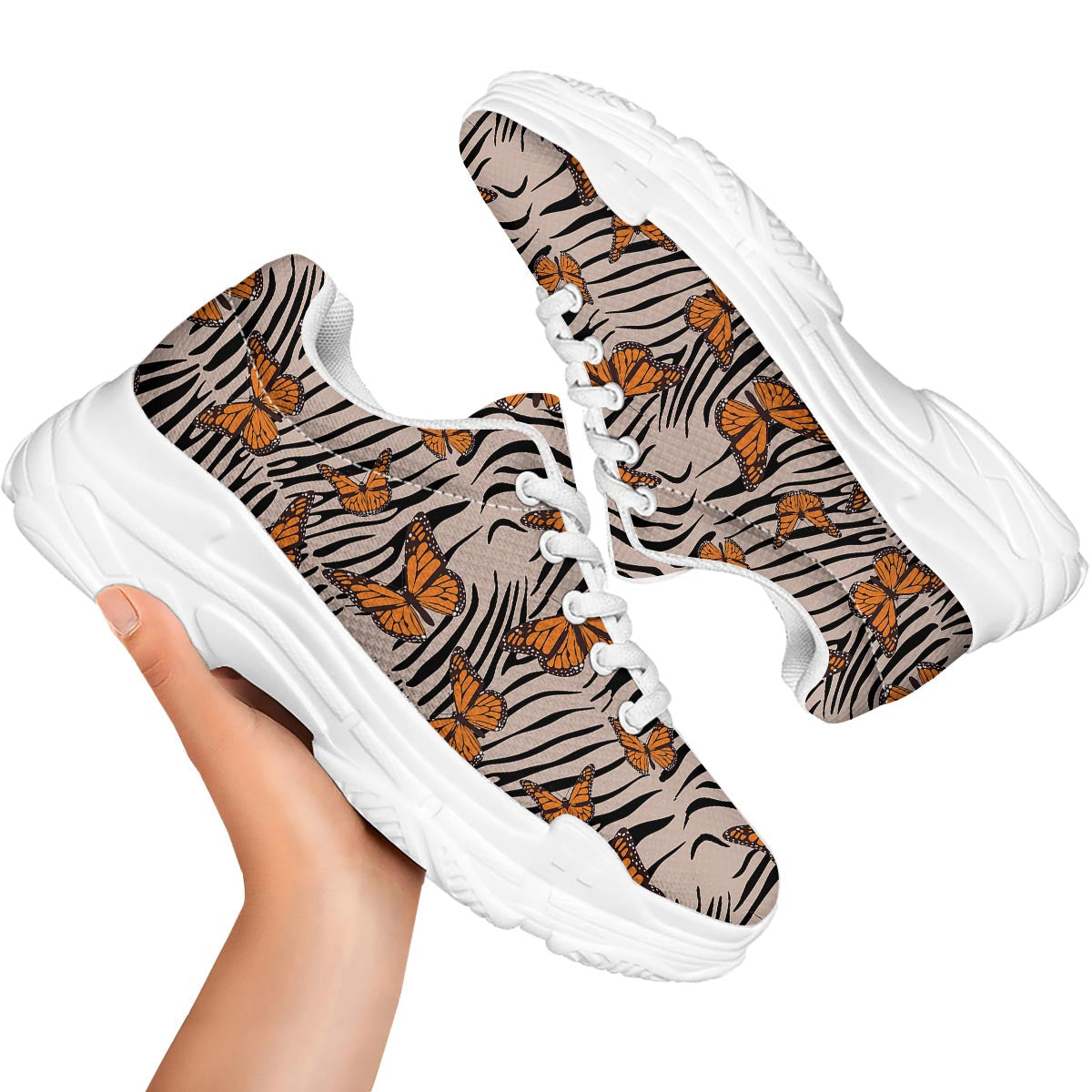 Butterfly Tiger Monarch Print Pattern White Chunky Shoes-grizzshop