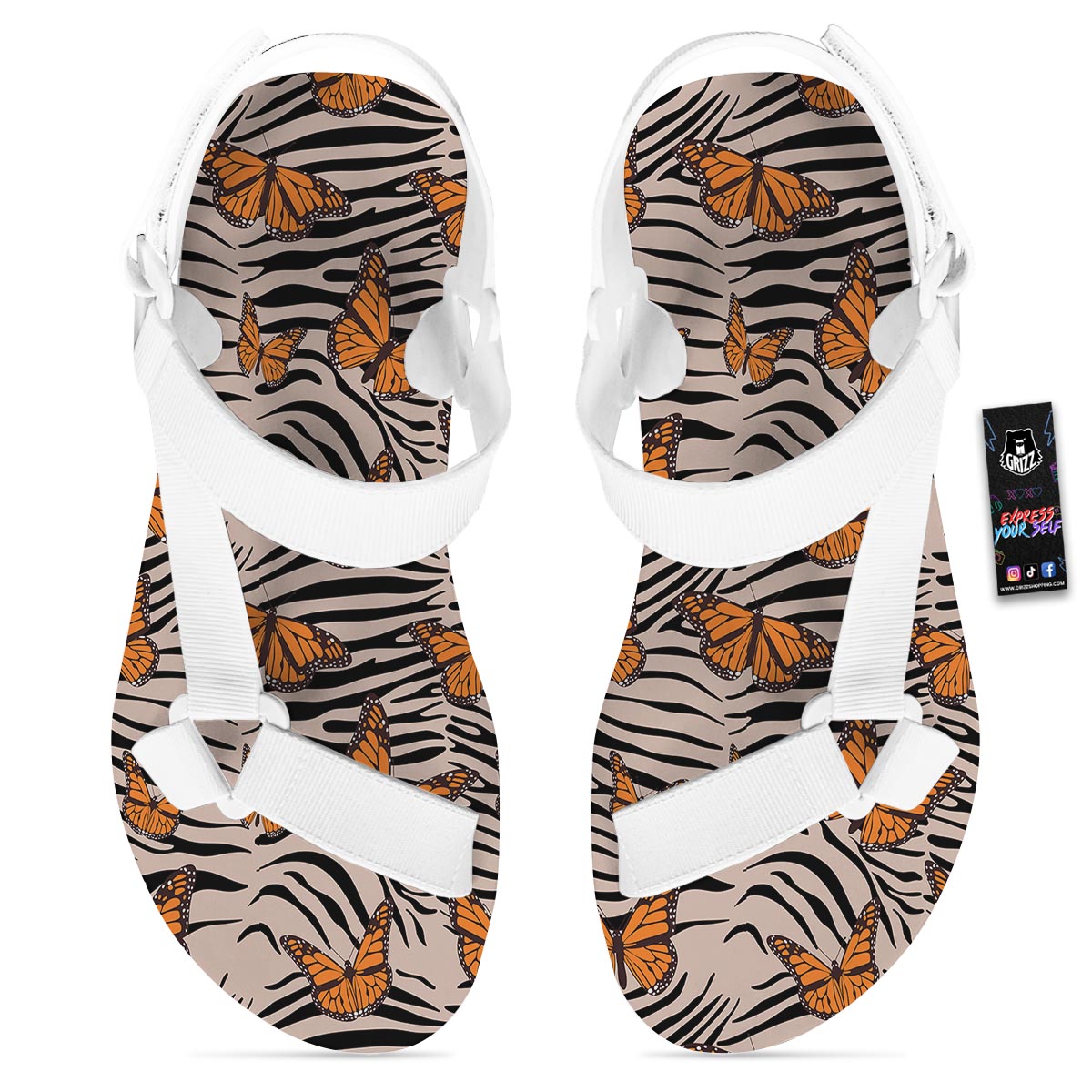 Butterfly Tiger Monarch Print Pattern White Open Toe Sandals-grizzshop