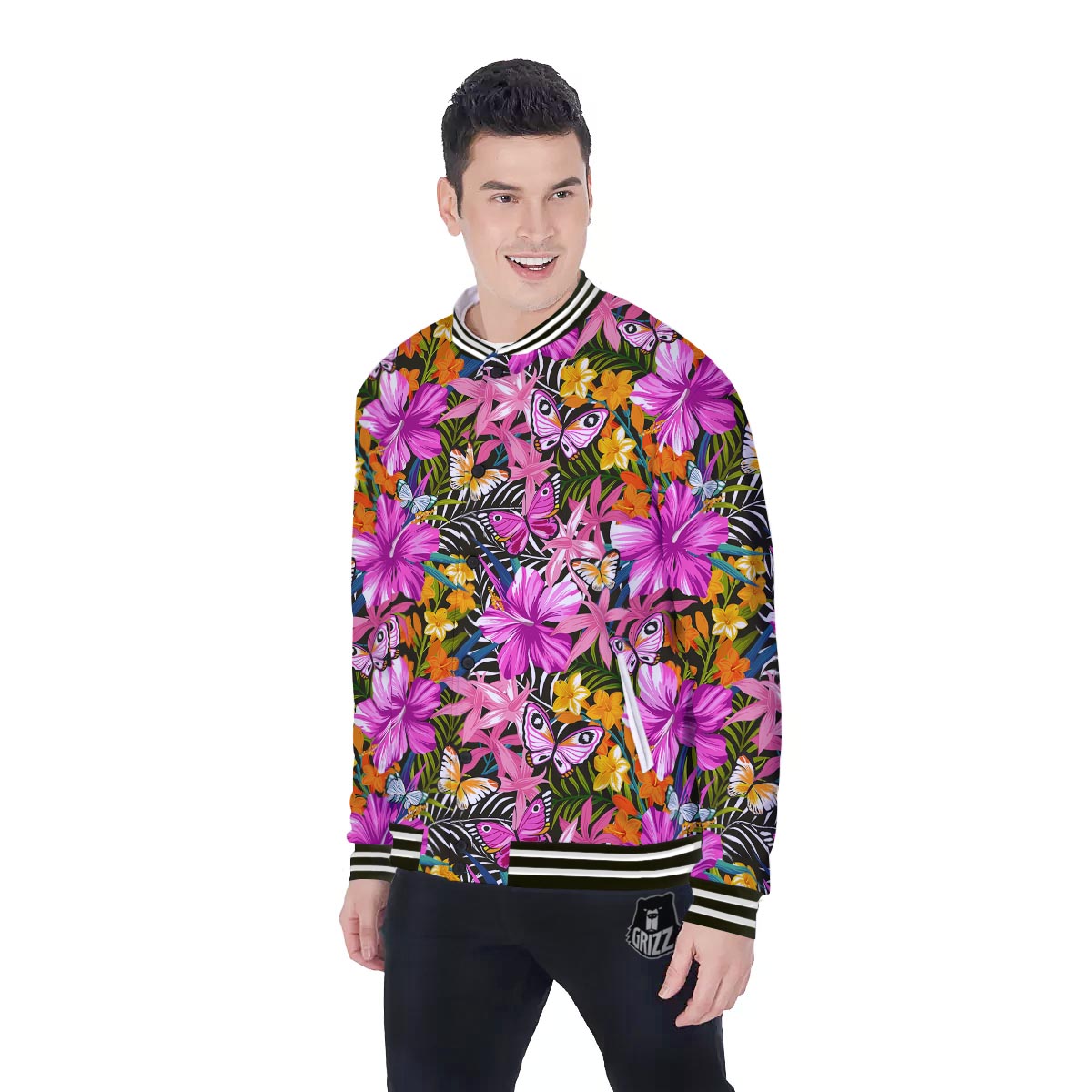 Butterfly Tropical Print Pattern Baseball Jacket-grizzshop