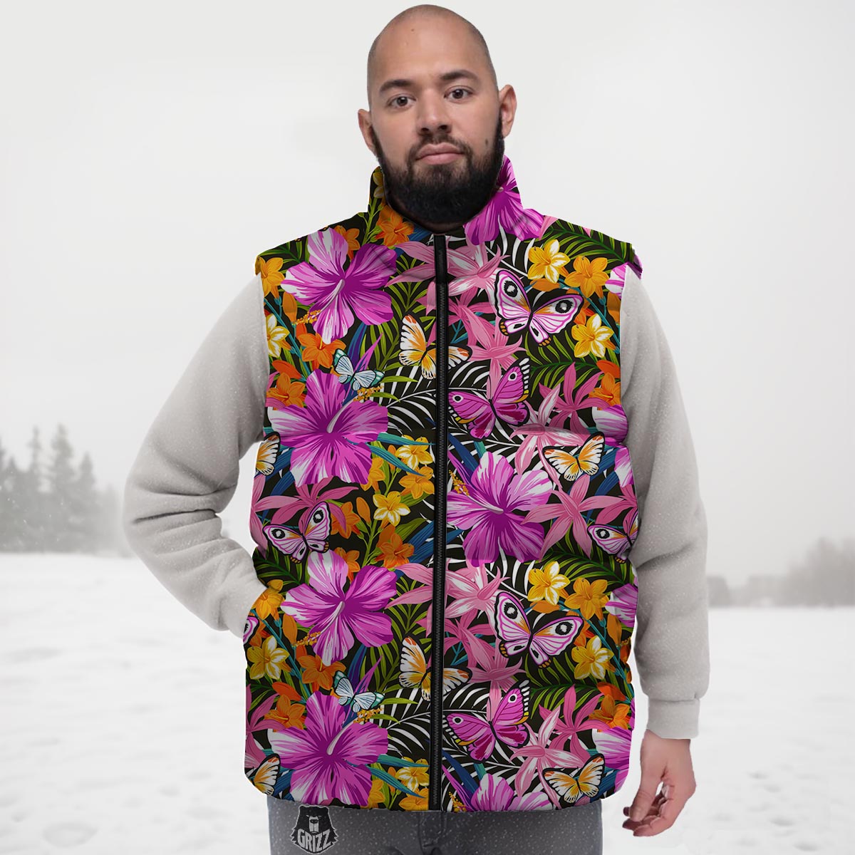 Butterfly Tropical Print Pattern Down Vest-grizzshop