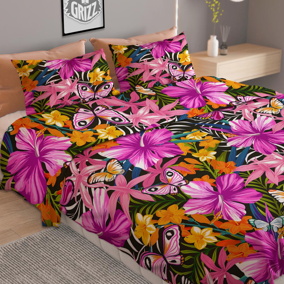 Butterfly Tropical Print Pattern Duvet Cover Bedding Set