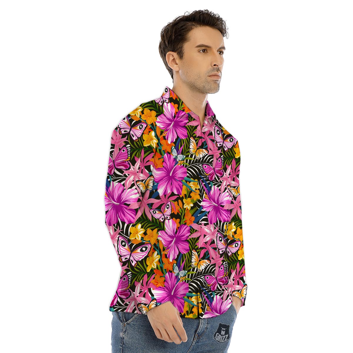 Butterfly Tropical Print Pattern Men's Dress Shirts-grizzshop