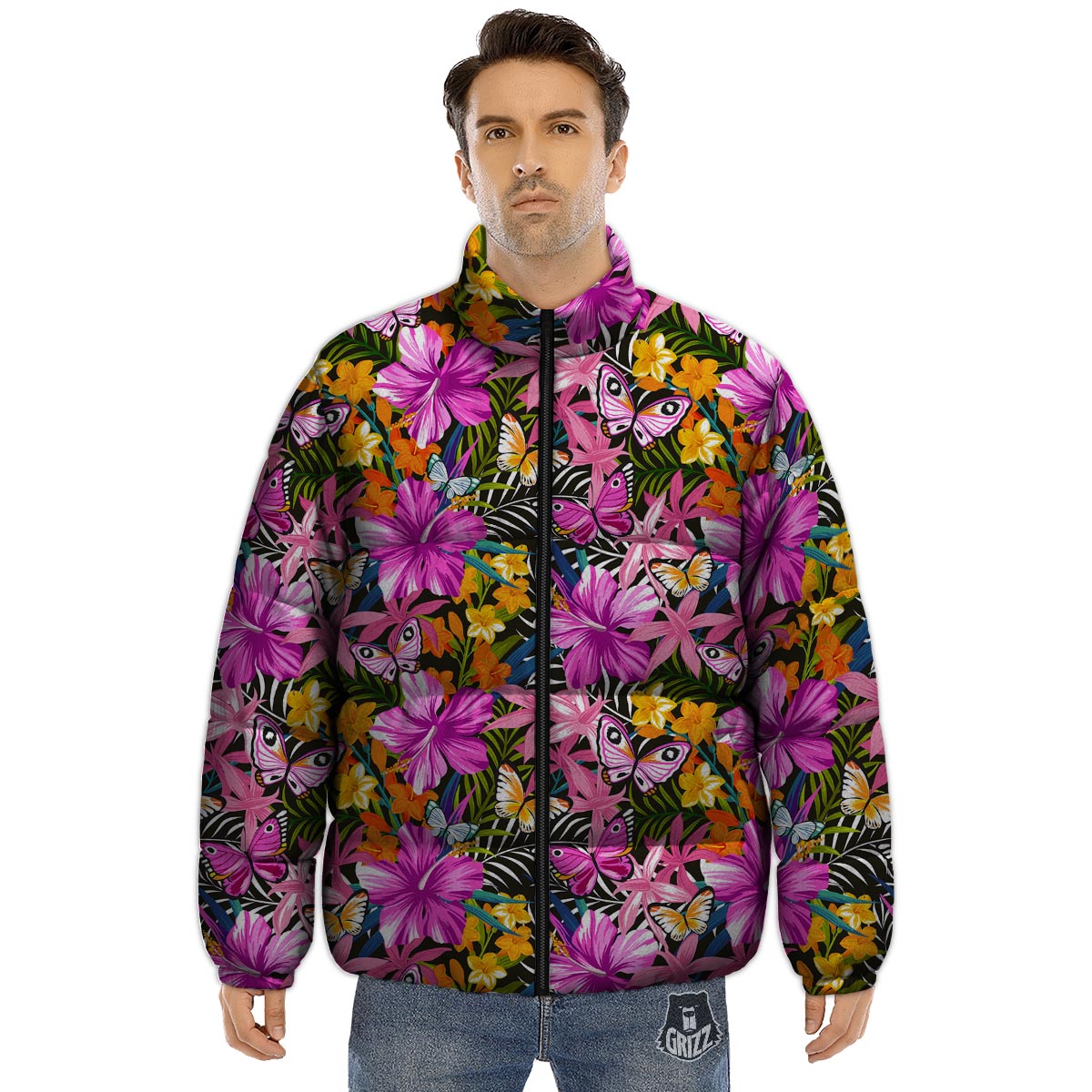 Butterfly Tropical Print Pattern Puffer Jacket-grizzshop