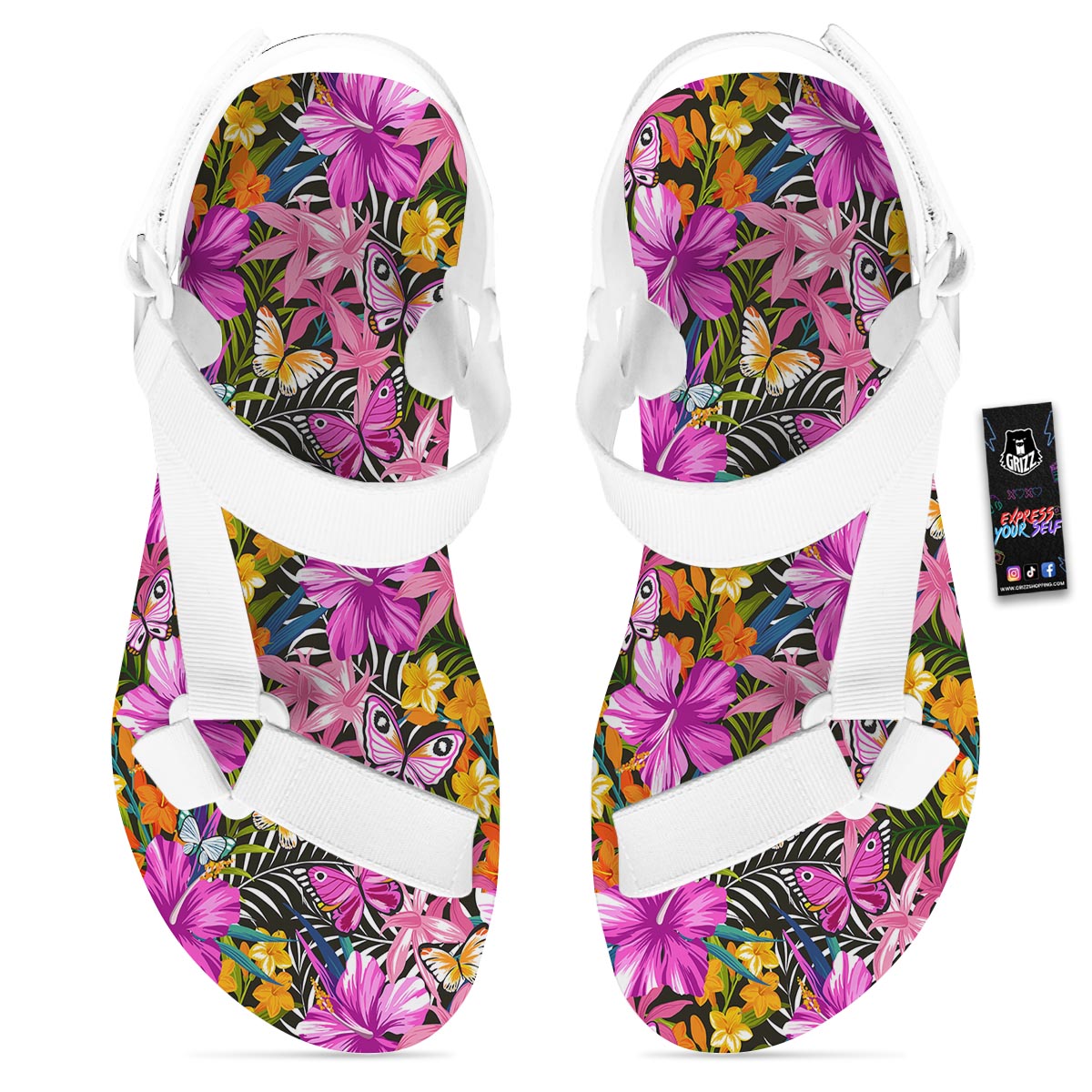 Butterfly Tropical Print Pattern White Open Toe Sandals-grizzshop