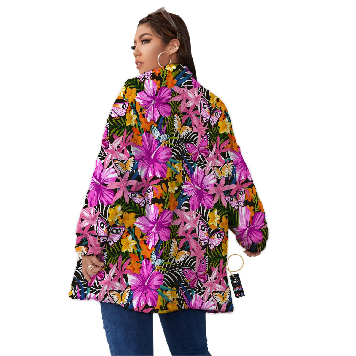 Butterfly Tropical Print Pattern Women's Sherpa Jacket-grizzshop