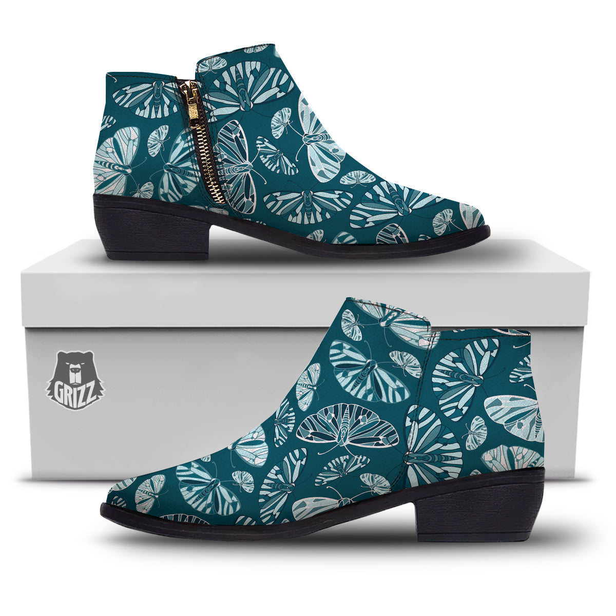 Butterfly Turquoise Print Pattern Ankle Boots-grizzshop