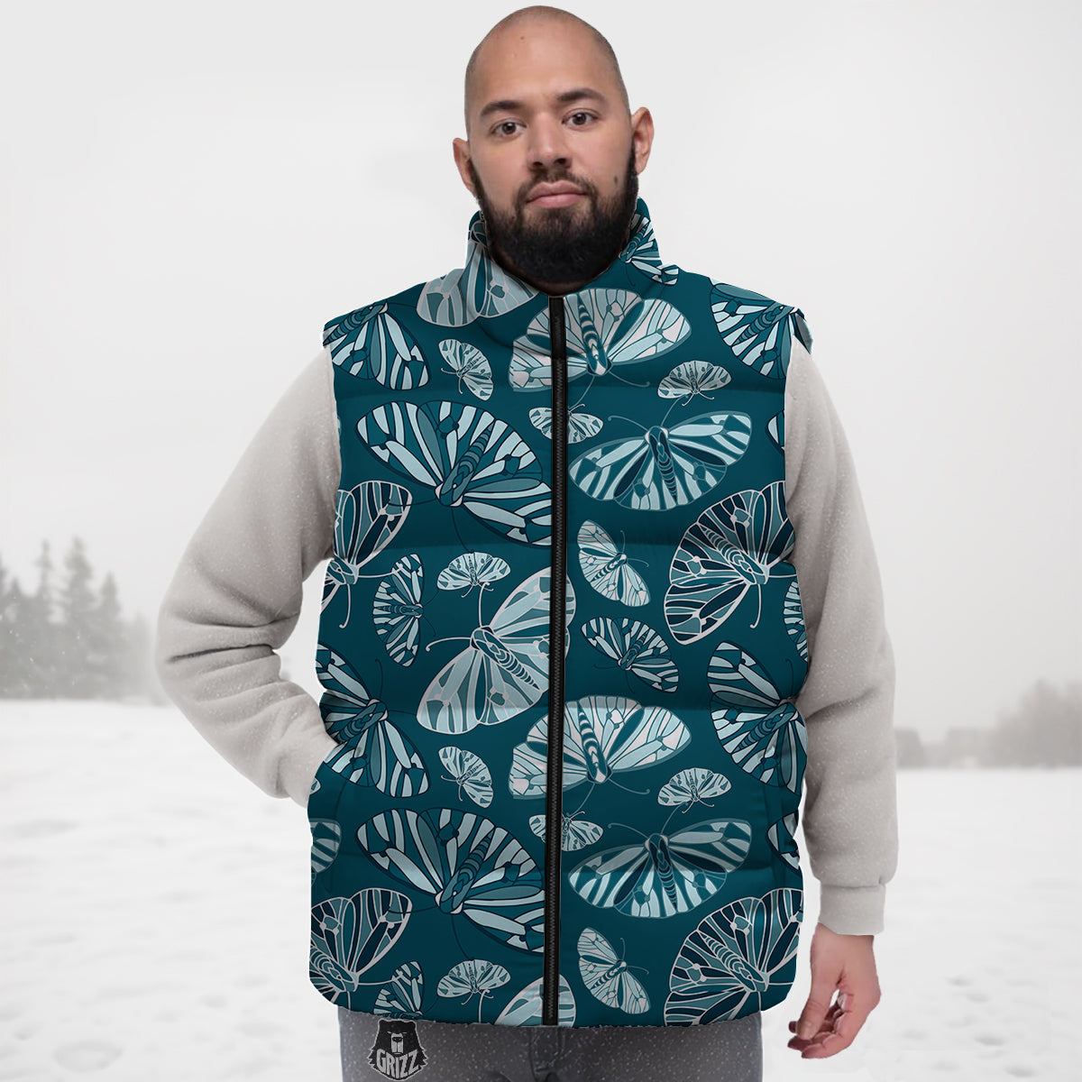 Butterfly Turquoise Print Pattern Down Vest