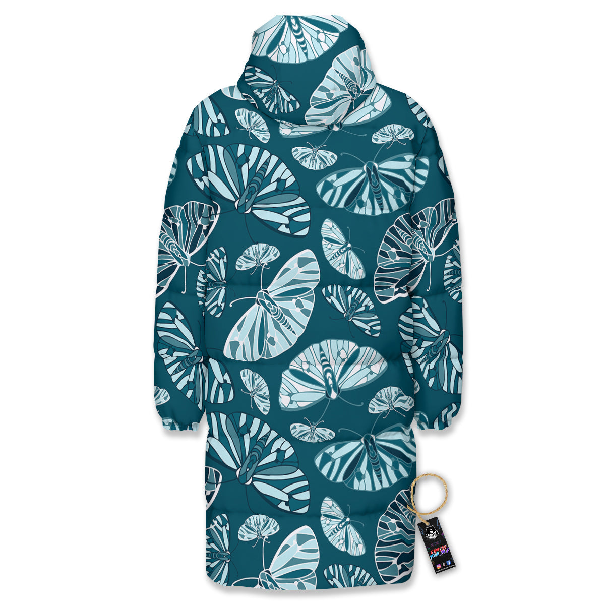 Butterfly Turquoise Print Pattern Long Down Jacket-grizzshop