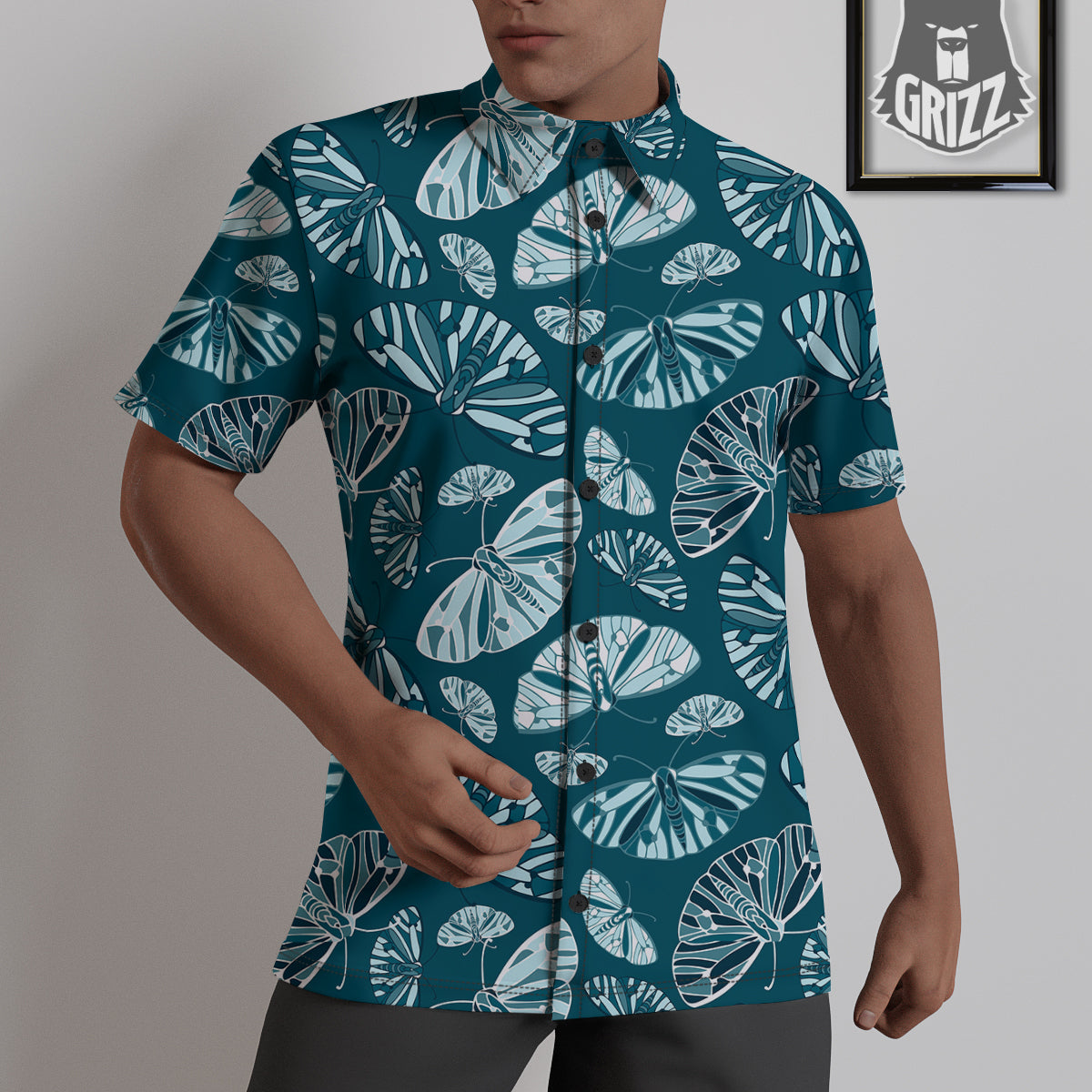 Butterfly Turquoise Print Pattern Untucked Shirts-grizzshop
