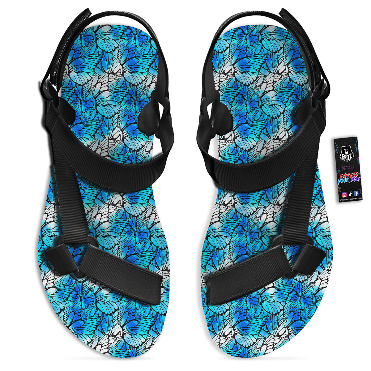 Butterfly Watercolor Blue Print Pattern Black Open Toe Sandals-grizzshop