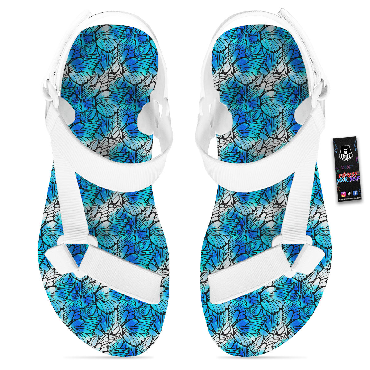 Butterfly Watercolor Blue Print Pattern White Open Toe Sandals-grizzshop