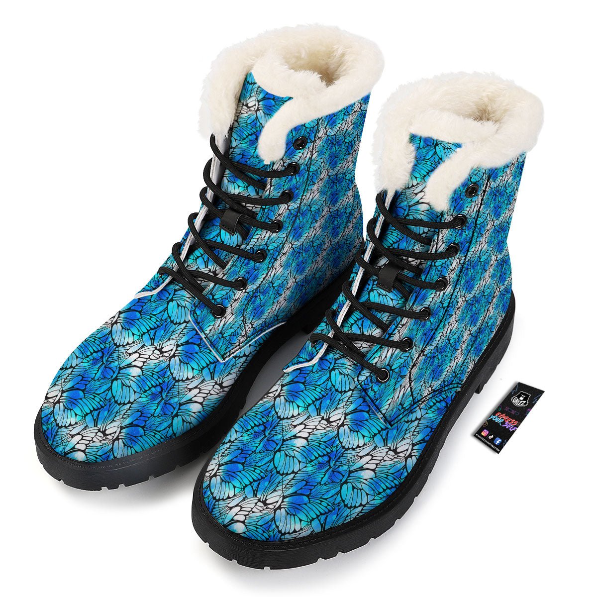 Butterfly Watercolor Blue Print Pattern Winter Boots-grizzshop