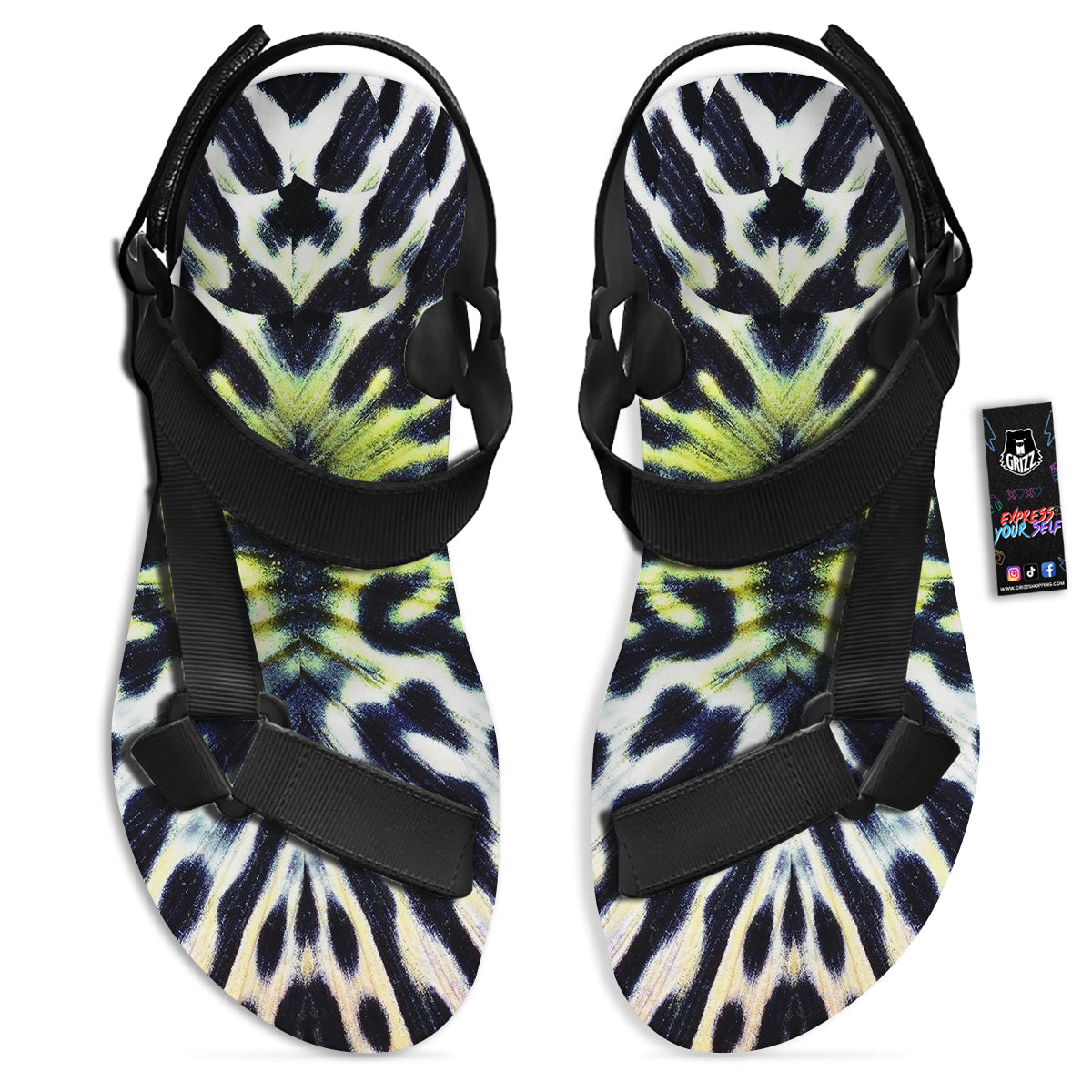 Butterfly Wing Skin Black White And Green Print Black Open Toe Sandals-grizzshop