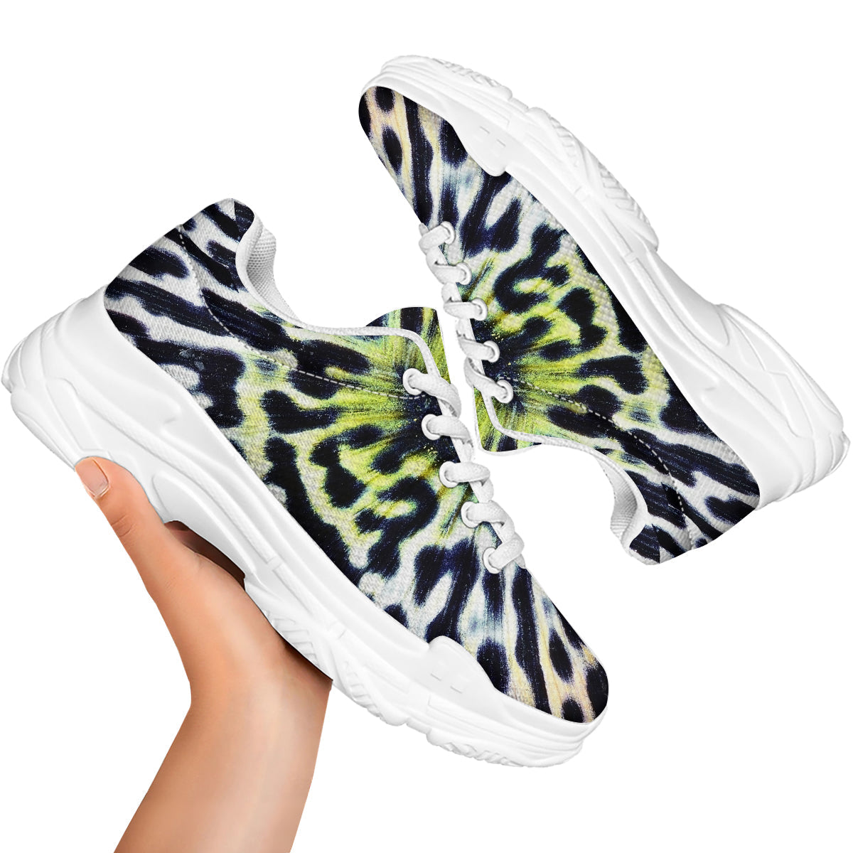Butterfly Wing Skin Black White And Green Print White Chunky Shoes-grizzshop