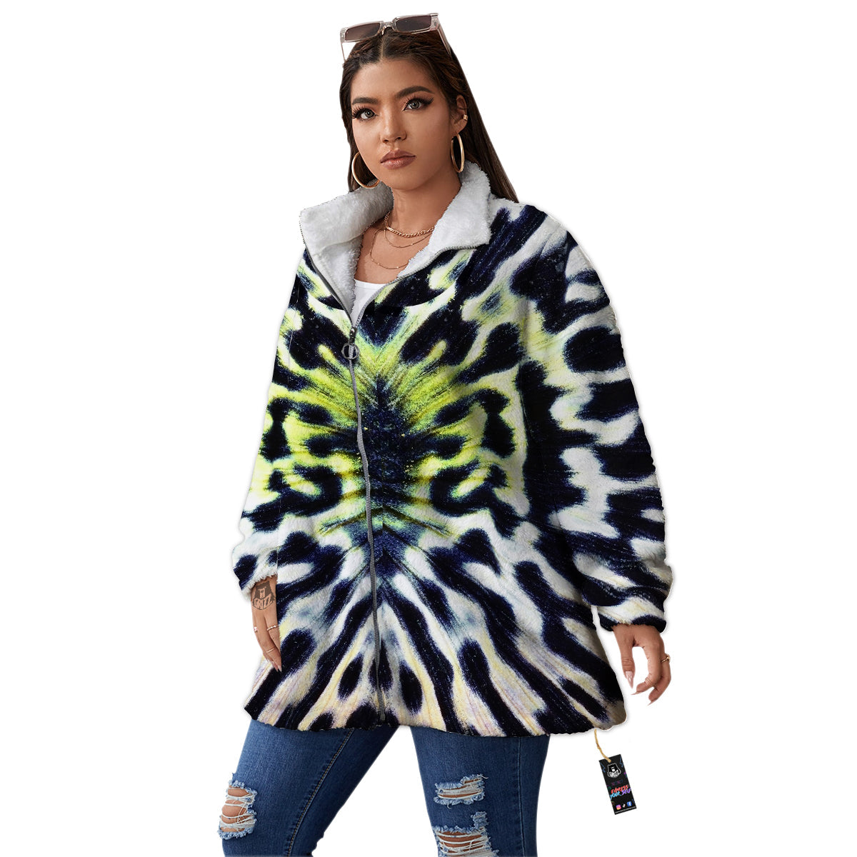 Butterfly Wing Skin Black White And Green Print Women's Sherpa Jacket-grizzshop