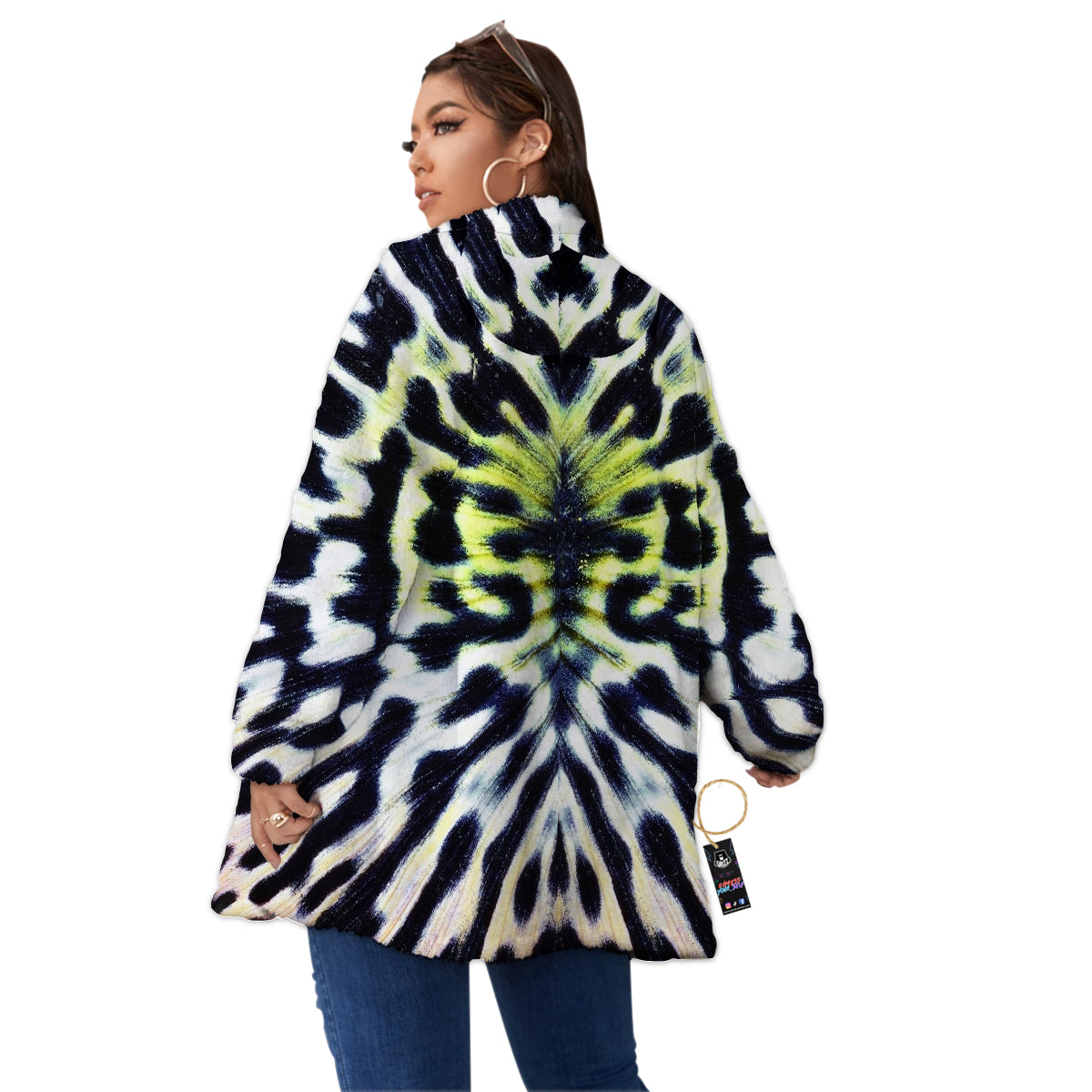 Butterfly Wing Skin Black White And Green Print Women's Sherpa Jacket-grizzshop