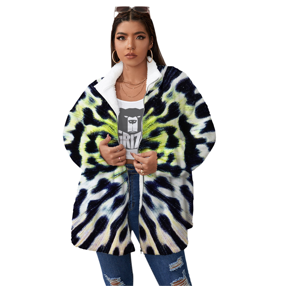 Butterfly Wing Skin Black White And Green Print Women's Sherpa Jacket-grizzshop