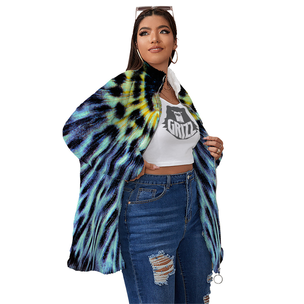 Butterfly Wing Skin Blue Print Women's Sherpa Jacket-grizzshop