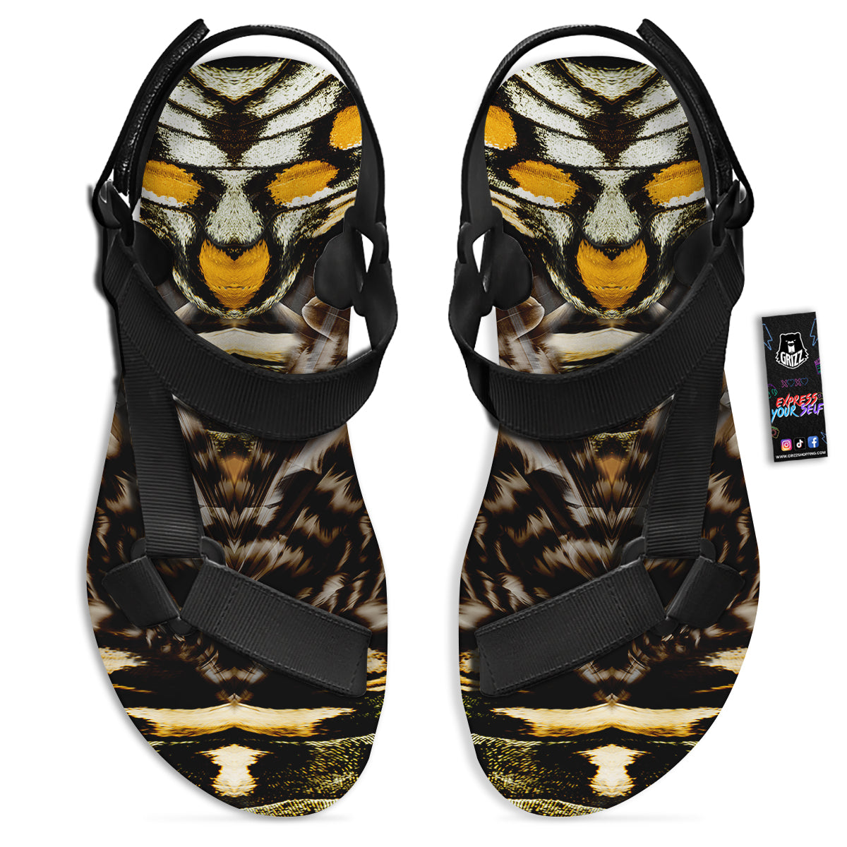 Butterfly Wing Skin Dark And Orange Print Black Open Toe Sandals-grizzshop