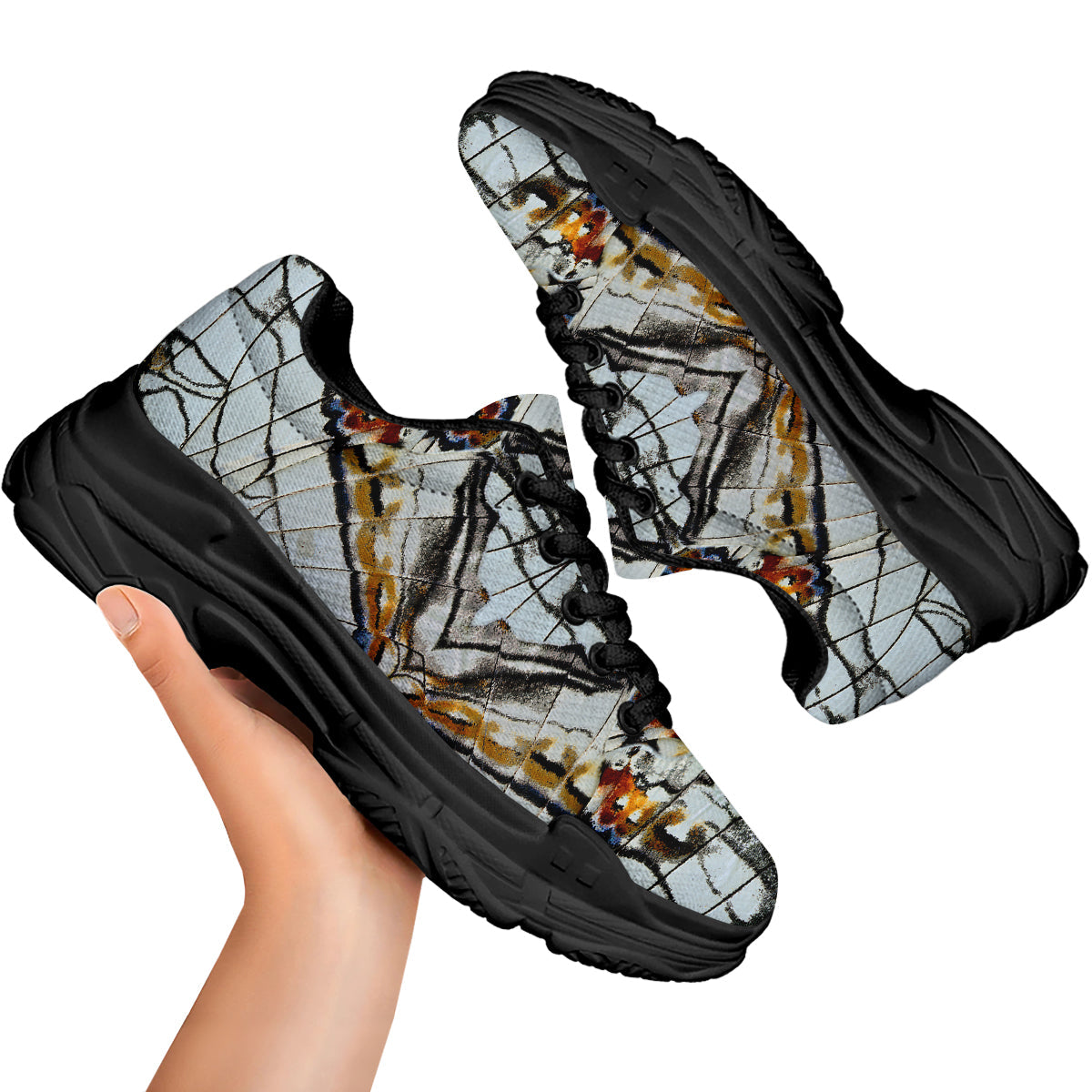 Butterfly Wing Skin Grey Print Black Chunky Shoes-grizzshop