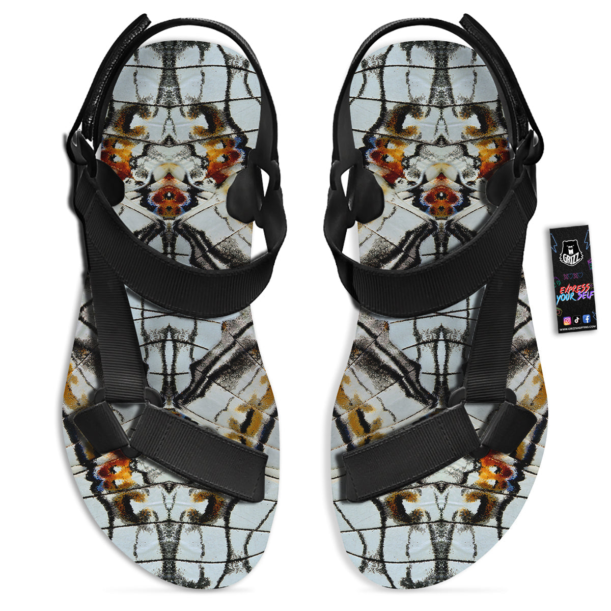 Butterfly Wing Skin Grey Print Black Open Toe Sandals-grizzshop