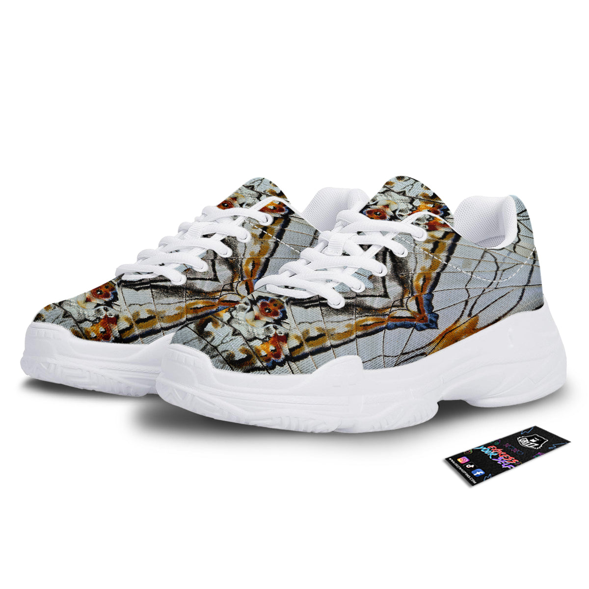 Butterfly Wing Skin Grey Print White Chunky Shoes-grizzshop