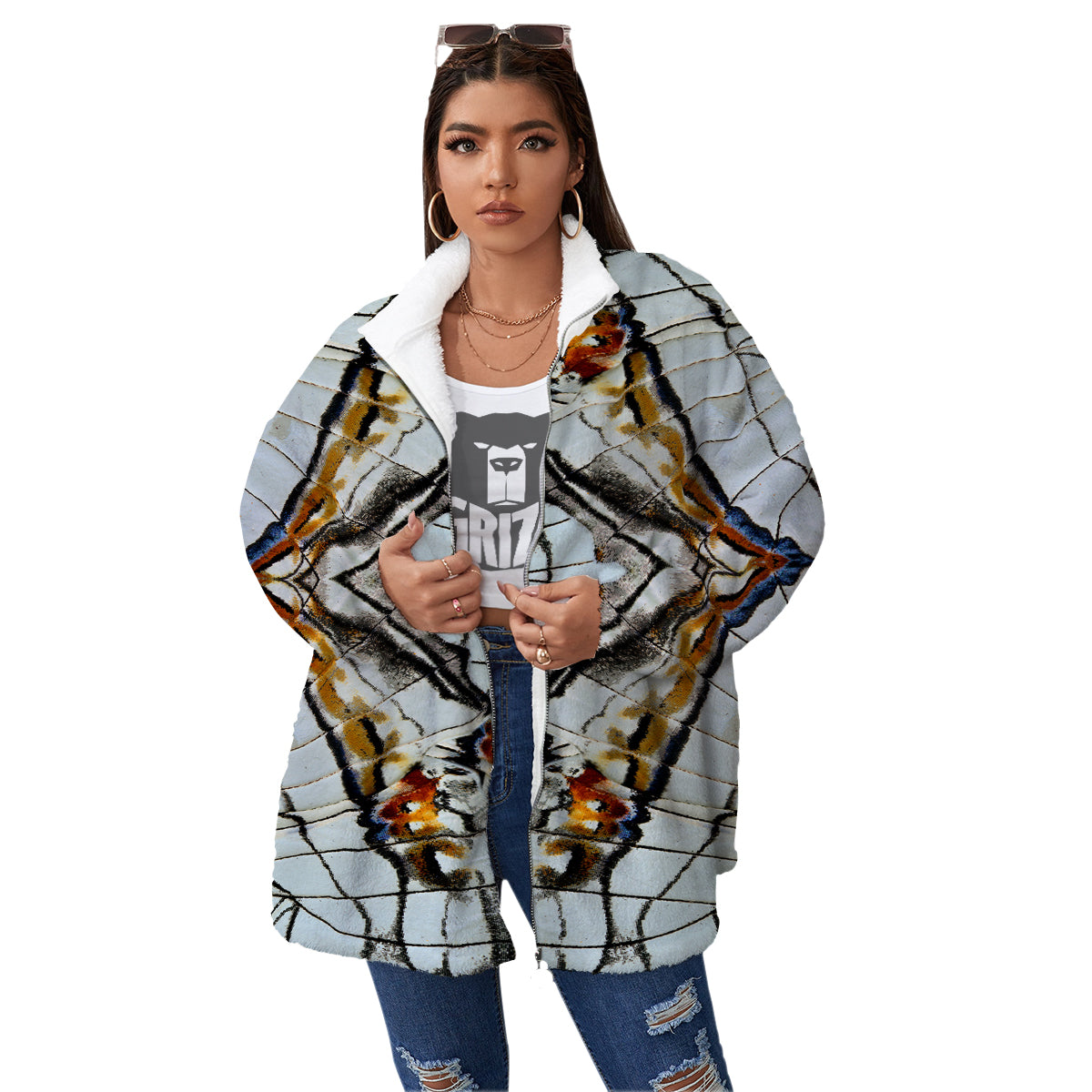 Butterfly Wing Skin Grey Print Women's Sherpa Jacket-grizzshop