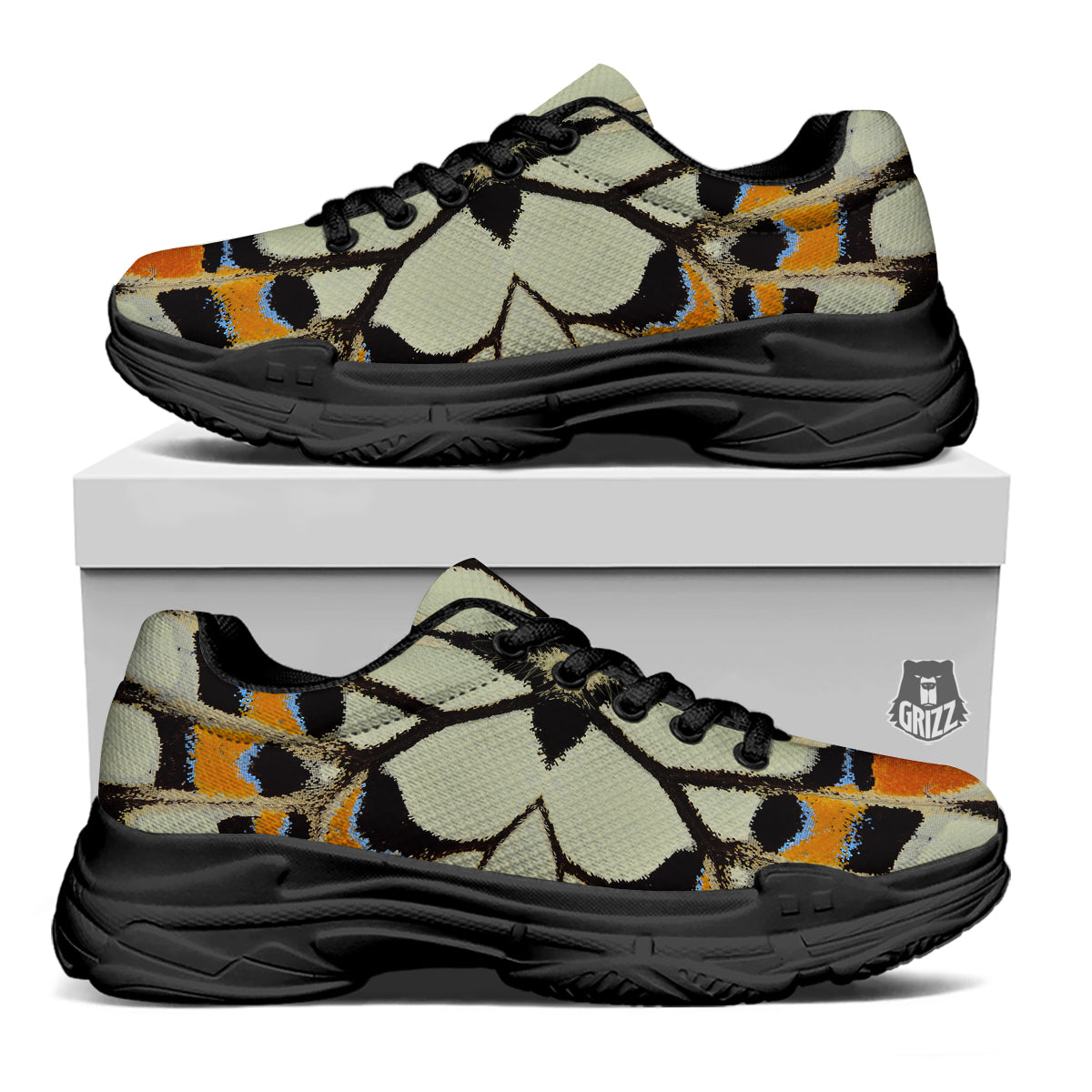 Butterfly Wing Skin White Orange Print Black Chunky Shoes-grizzshop