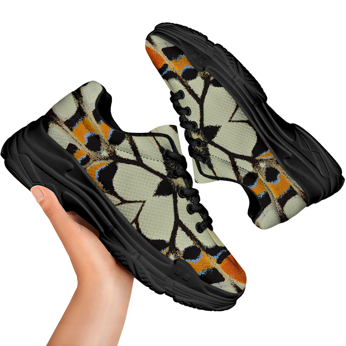 Butterfly Wing Skin White Orange Print Black Chunky Shoes-grizzshop