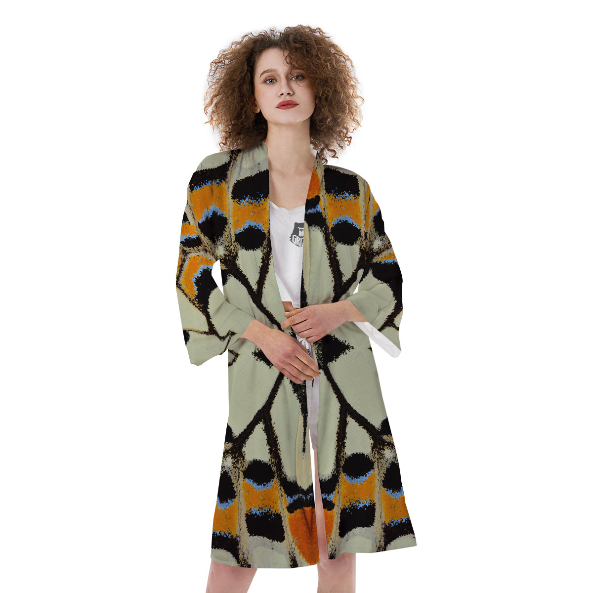 Butterfly Wing Skin White Orange Print Kimono-grizzshop