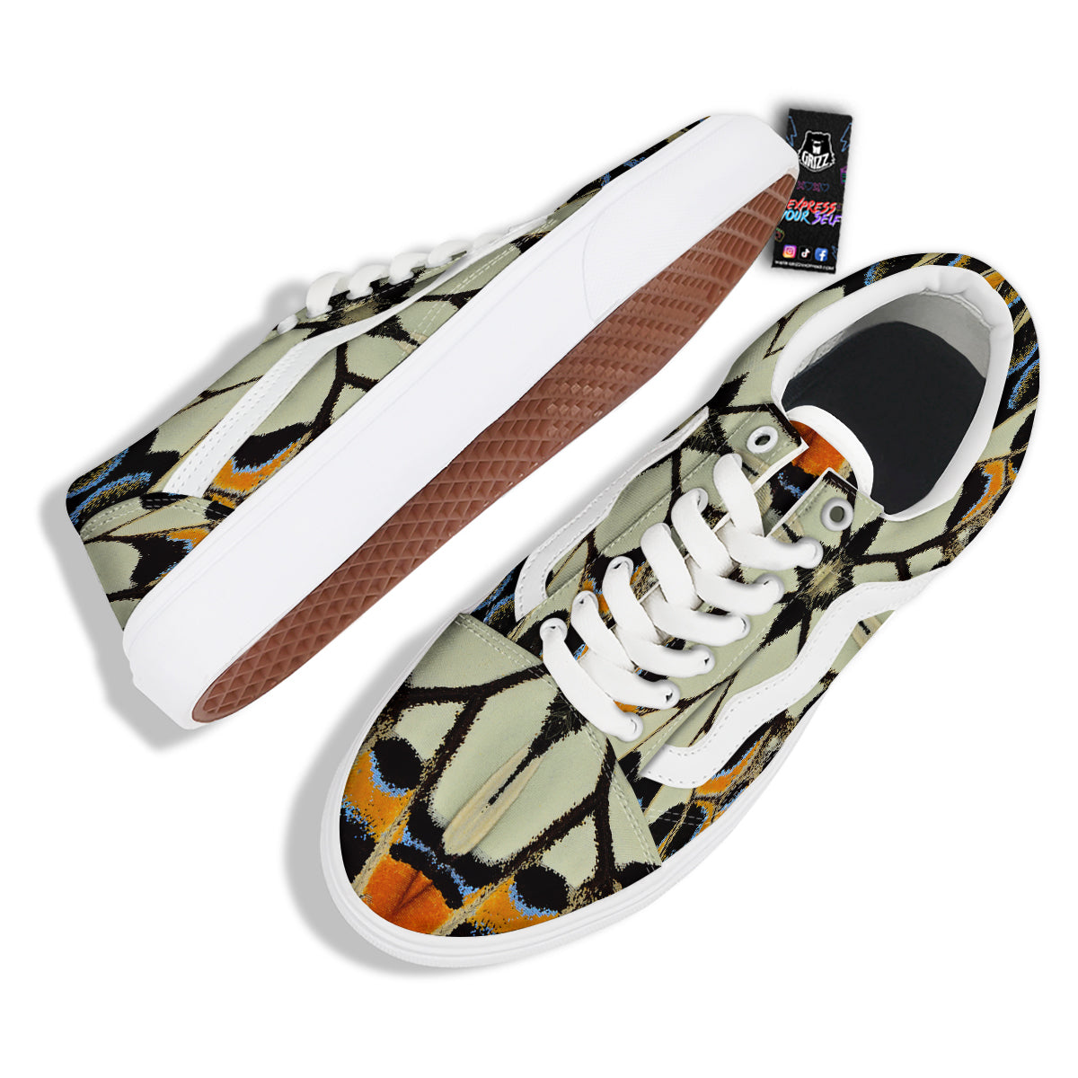 Butterfly Wing Skin White Orange Print Skate Shoes-grizzshop