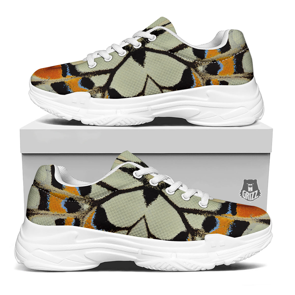 Butterfly Wing Skin White Orange Print White Chunky Shoes-grizzshop