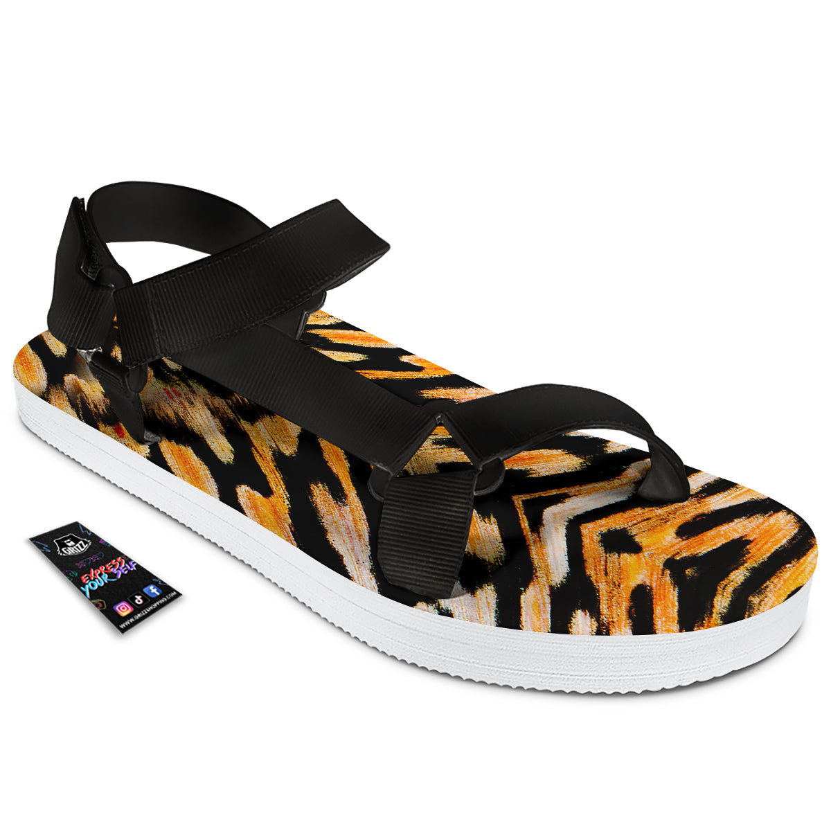Butterfly Wing Skin White Orange Tiger Print Black Open Toe Sandals-grizzshop