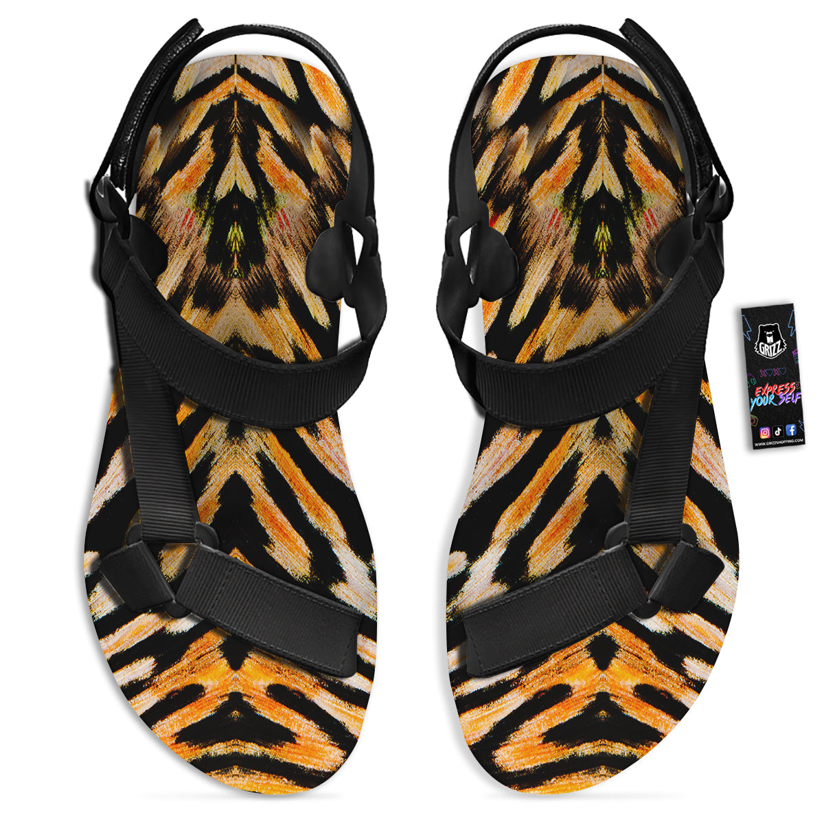 Butterfly Wing Skin White Orange Tiger Print Black Open Toe Sandals-grizzshop