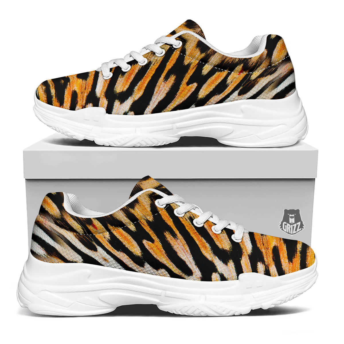 Butterfly Wing Skin White Orange Tiger Print White Chunky Shoes-grizzshop