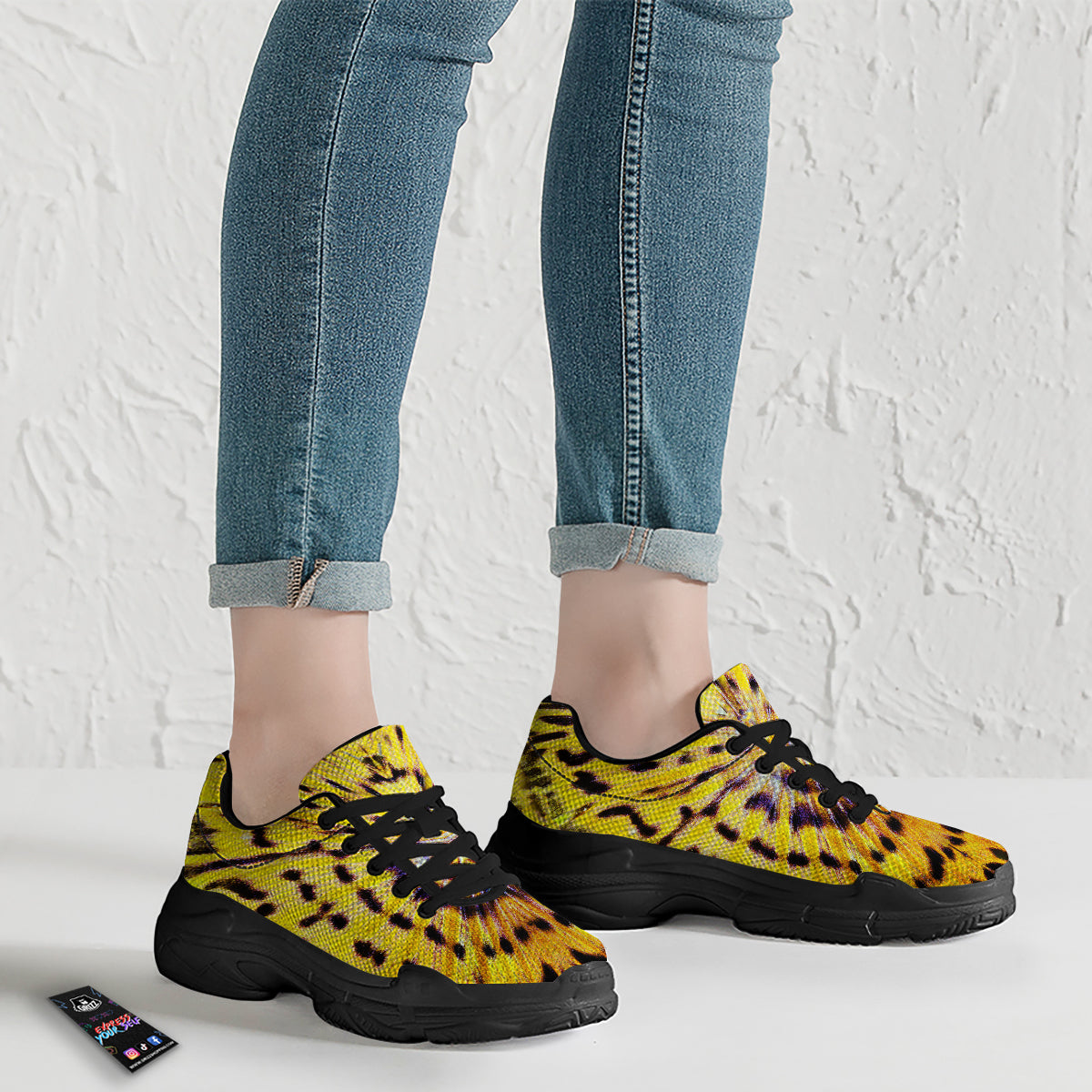 Butterfly Wing Skin Yellow Print Black Chunky Shoes-grizzshop