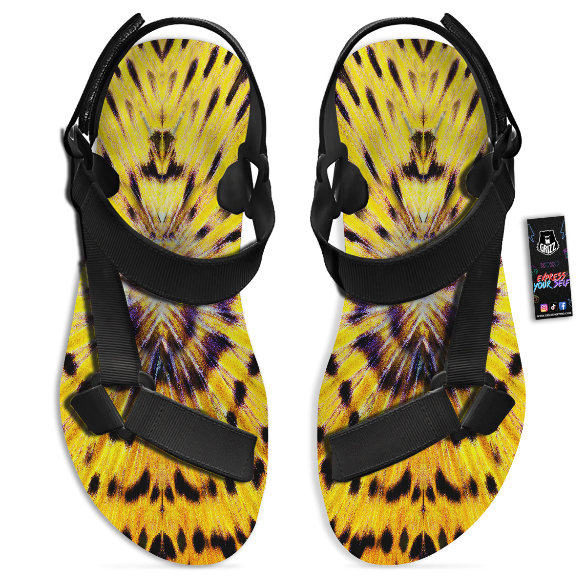 Butterfly Wing Skin Yellow Print Black Open Toe Sandals-grizzshop