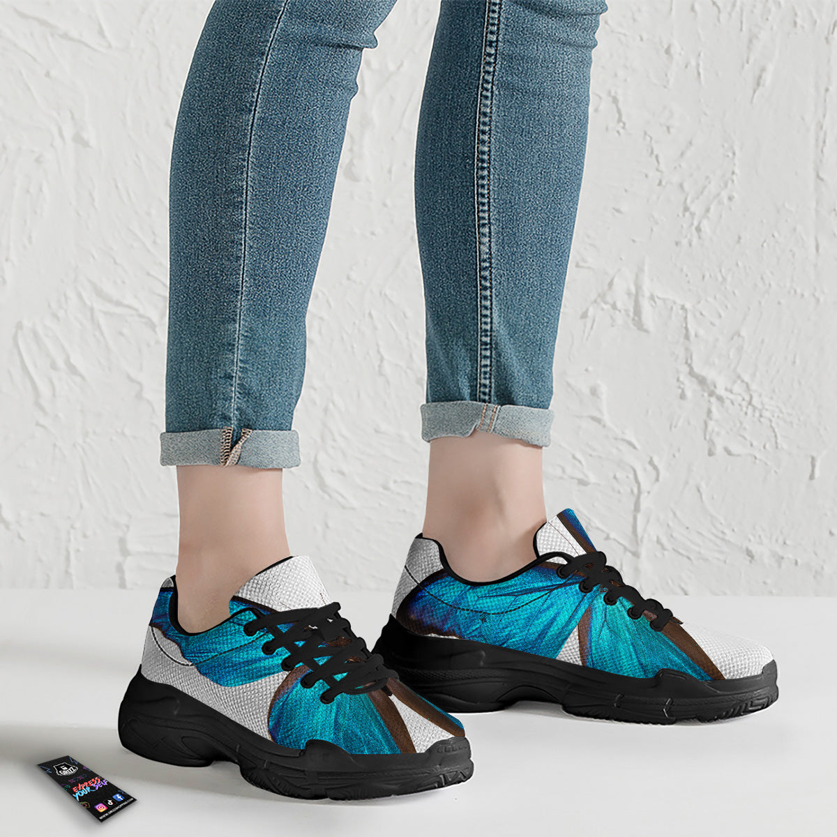 Butterfly Wings Blue Monarch Print Black Chunky Shoes-grizzshop