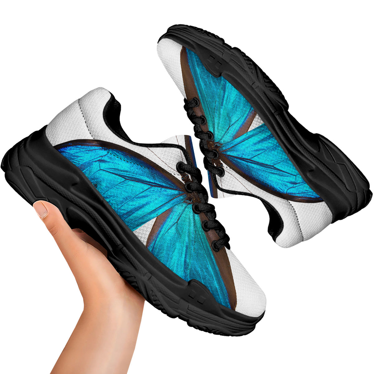 Butterfly Wings Blue Monarch Print Black Chunky Shoes-grizzshop