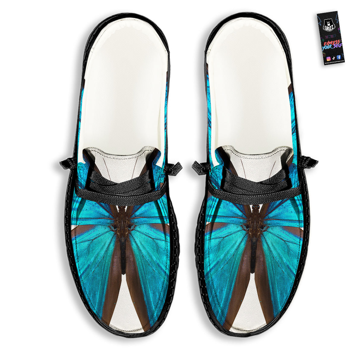 Butterfly Wings Blue Monarch Print Black Loafers-grizzshop
