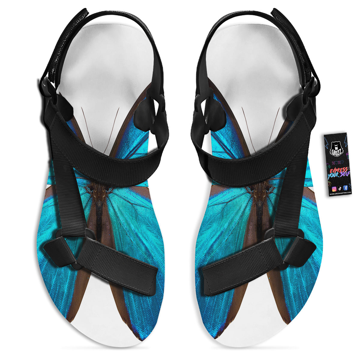 Butterfly Wings Blue Monarch Print Black Open Toe Sandals-grizzshop