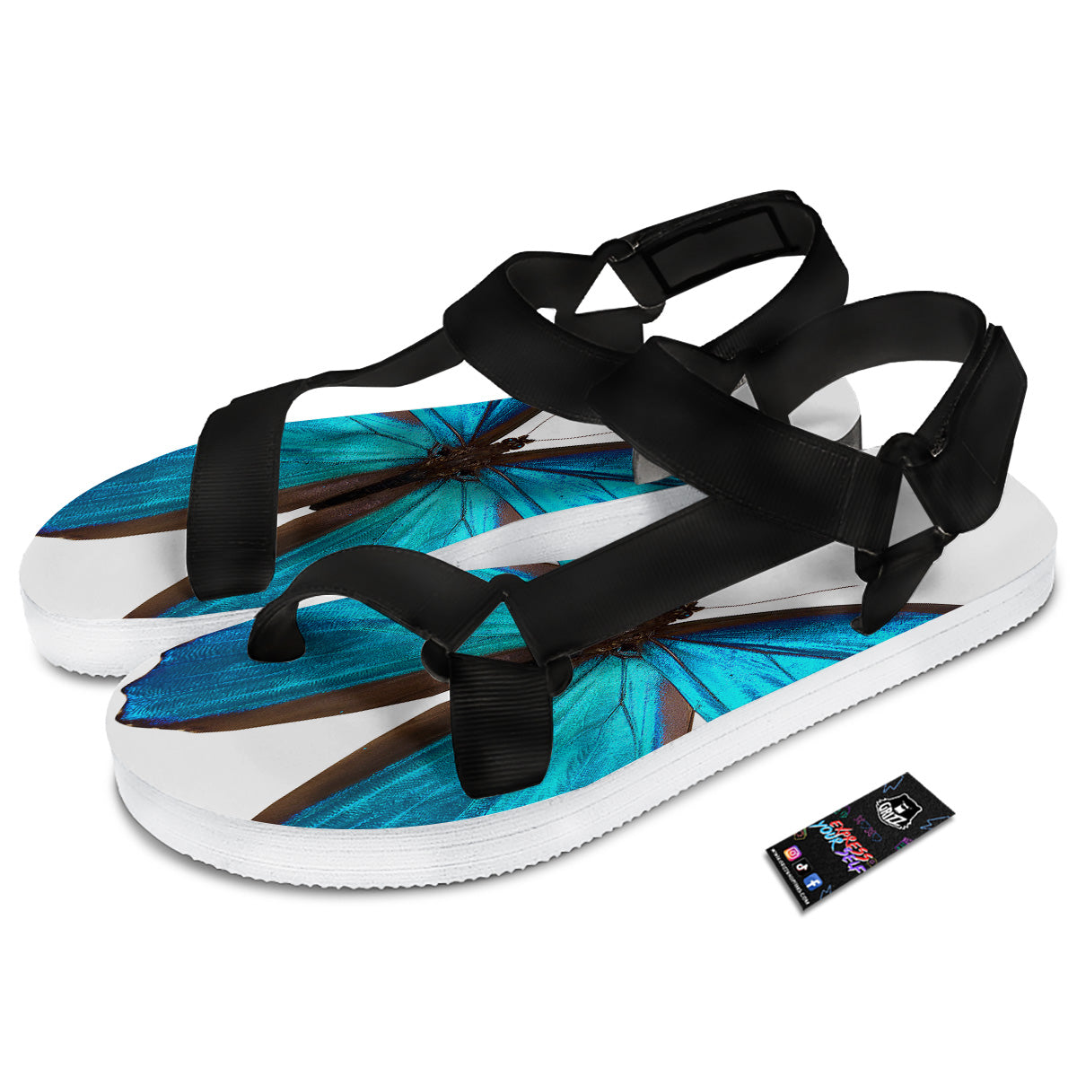 Butterfly Wings Blue Monarch Print Black Open Toe Sandals-grizzshop