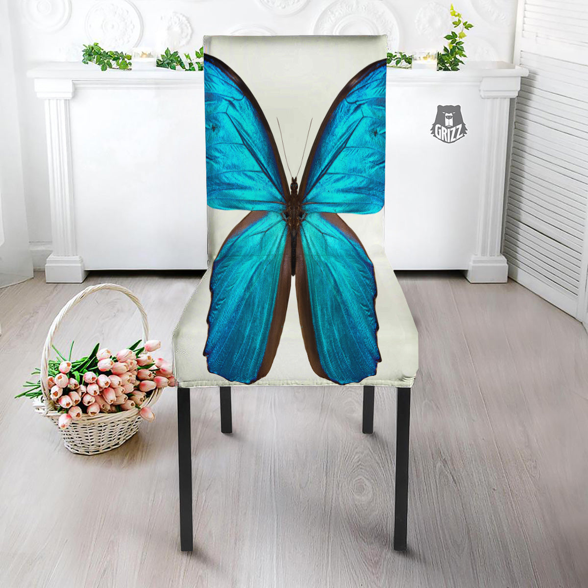Butterfly Wings Blue Monarch Print Dining Chair Slipcover-grizzshop
