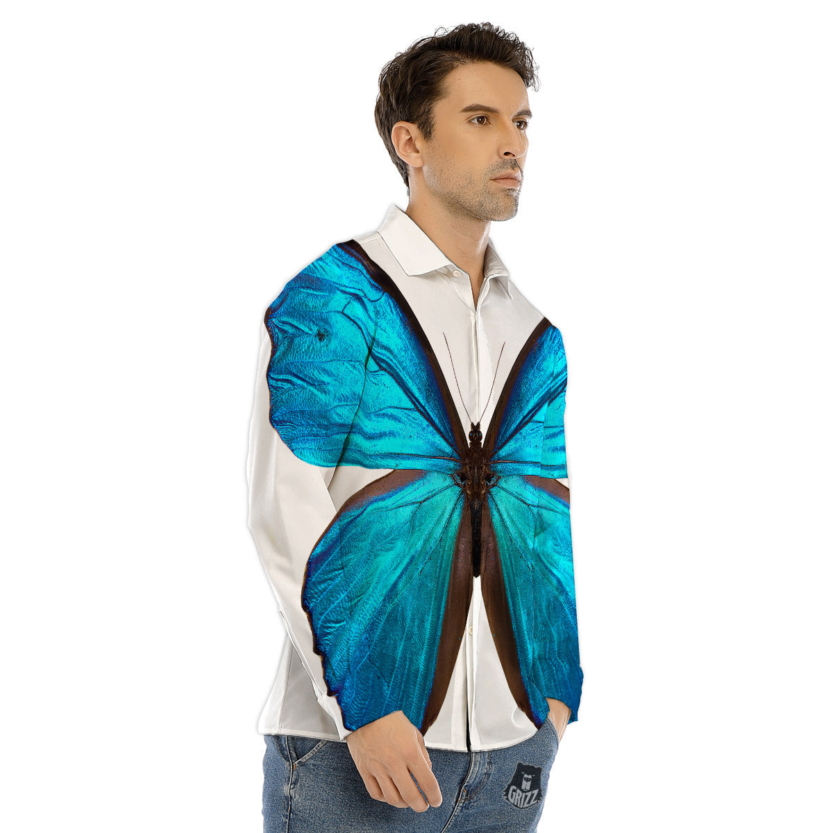 Butterfly Wings Blue Monarch Print Men's Dress Shirts-grizzshop