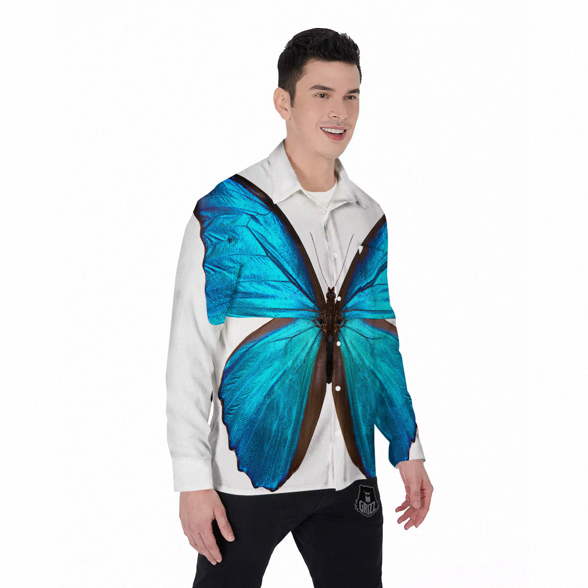 Butterfly Wings Blue Monarch Print Men's Long Sleeve Shirts-grizzshop