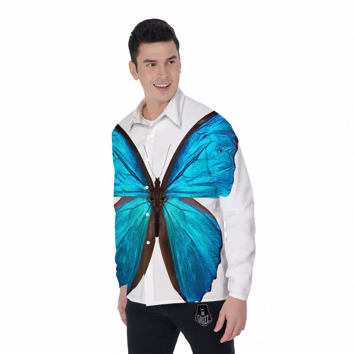 Butterfly Wings Blue Monarch Print Men's Long Sleeve Shirts-grizzshop