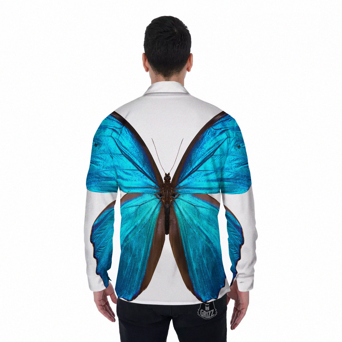 Butterfly Wings Blue Monarch Print Men's Long Sleeve Shirts-grizzshop