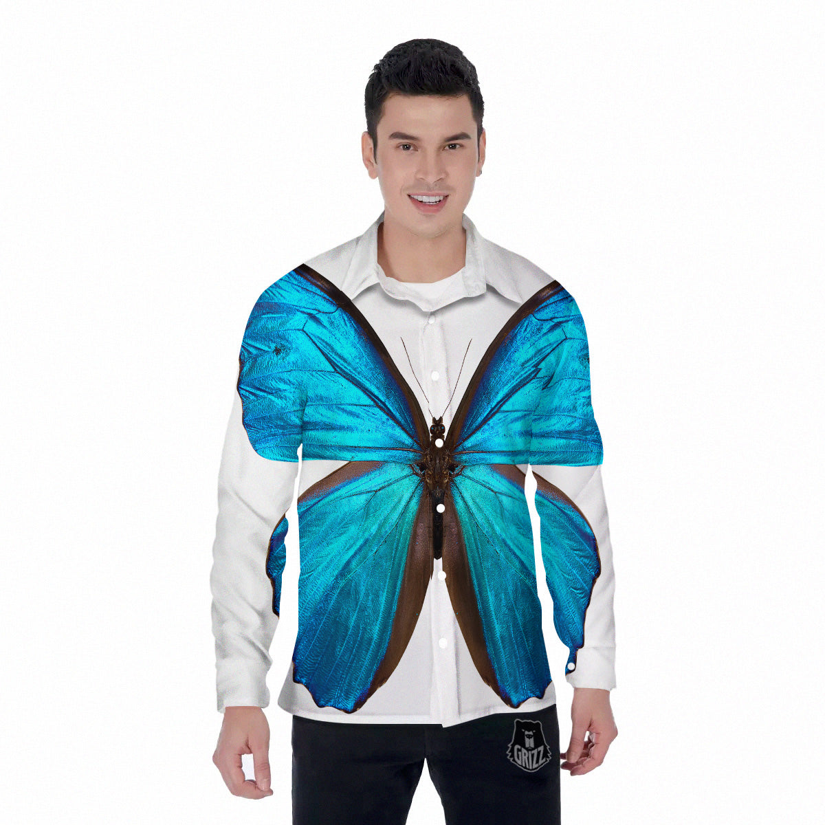 Butterfly Wings Blue Monarch Print Men's Long Sleeve Shirts-grizzshop